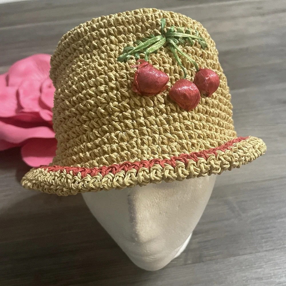 APRIL CORNELL 100% Straw Hat Stitched Cherries Collapsible Packable‎ Woven